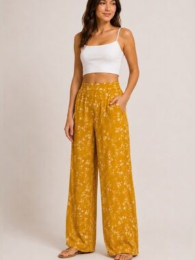 Emberly Mustard Floral Wide Legged Flowy Pants